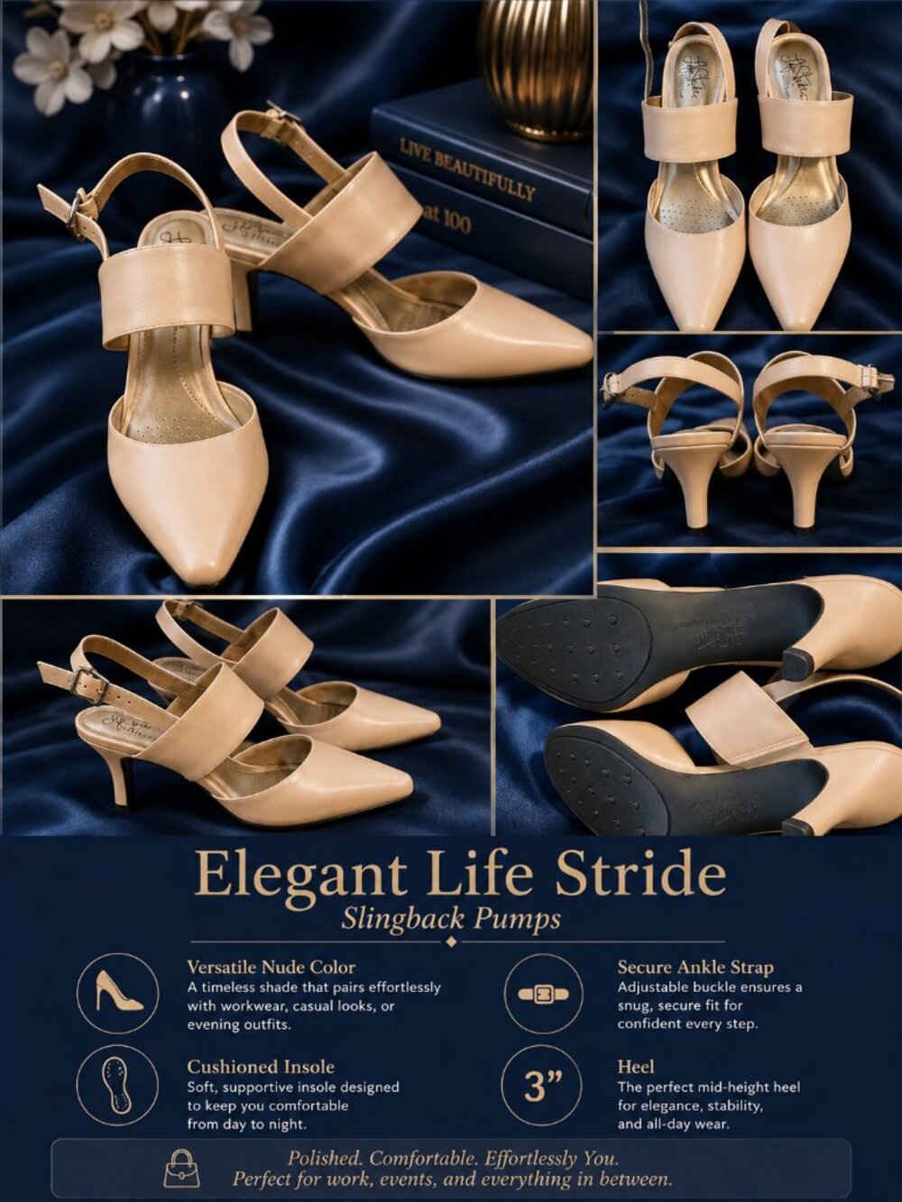 Elegant Life Stride Nude Slingback Pumps by